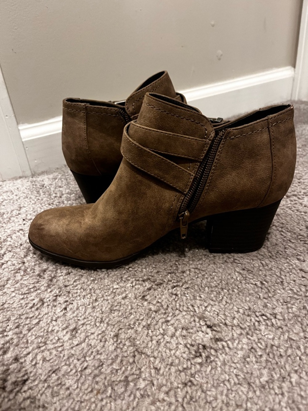 Indigo Chestnut Brown Suede Ankle Booties with Buckle Straps - Picture 3 of 7